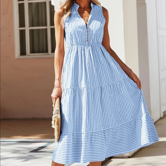 Boho striped notched neck button detail dress - Picture 2 of 16